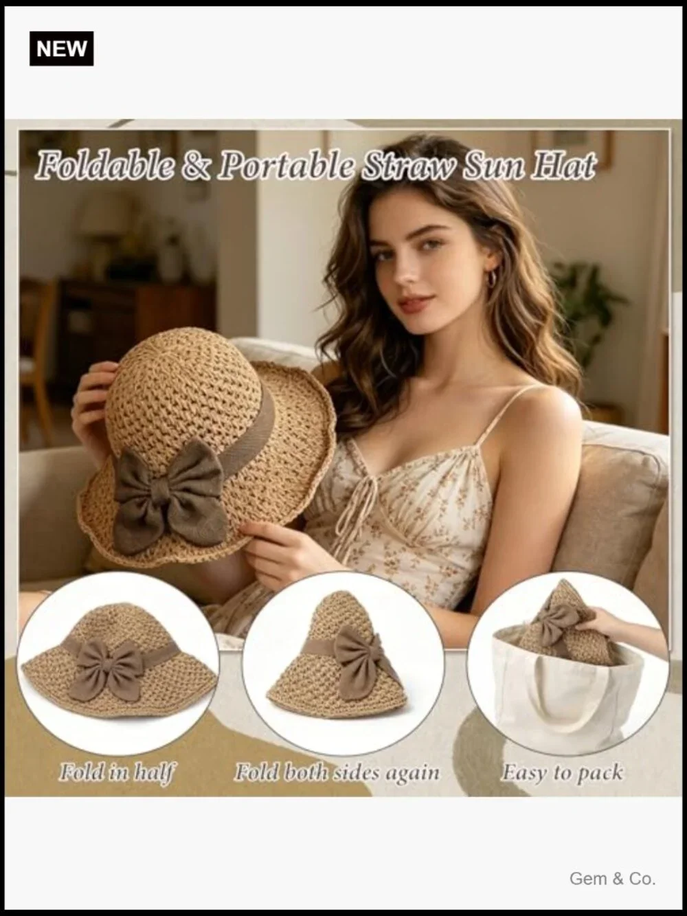 Woven Straw Sun Hat with Ruffled Bow, Foldable Travel Bucket Hat